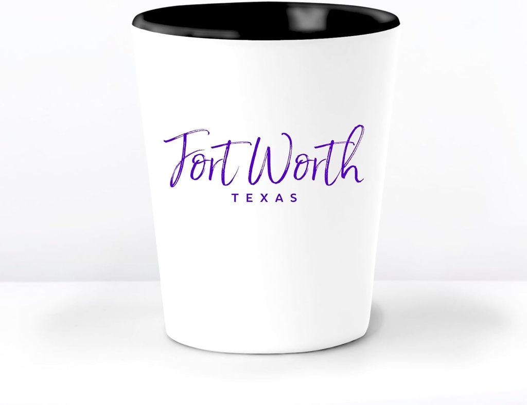 Fort Worth TX Ceramic 1.5 Ounce Souvenir Shot Glass - White With Black Interior - Bachelor & Bachelorette Party Favors - Bridesmaid & Groomsmen Present - Texas Home Town Decoration