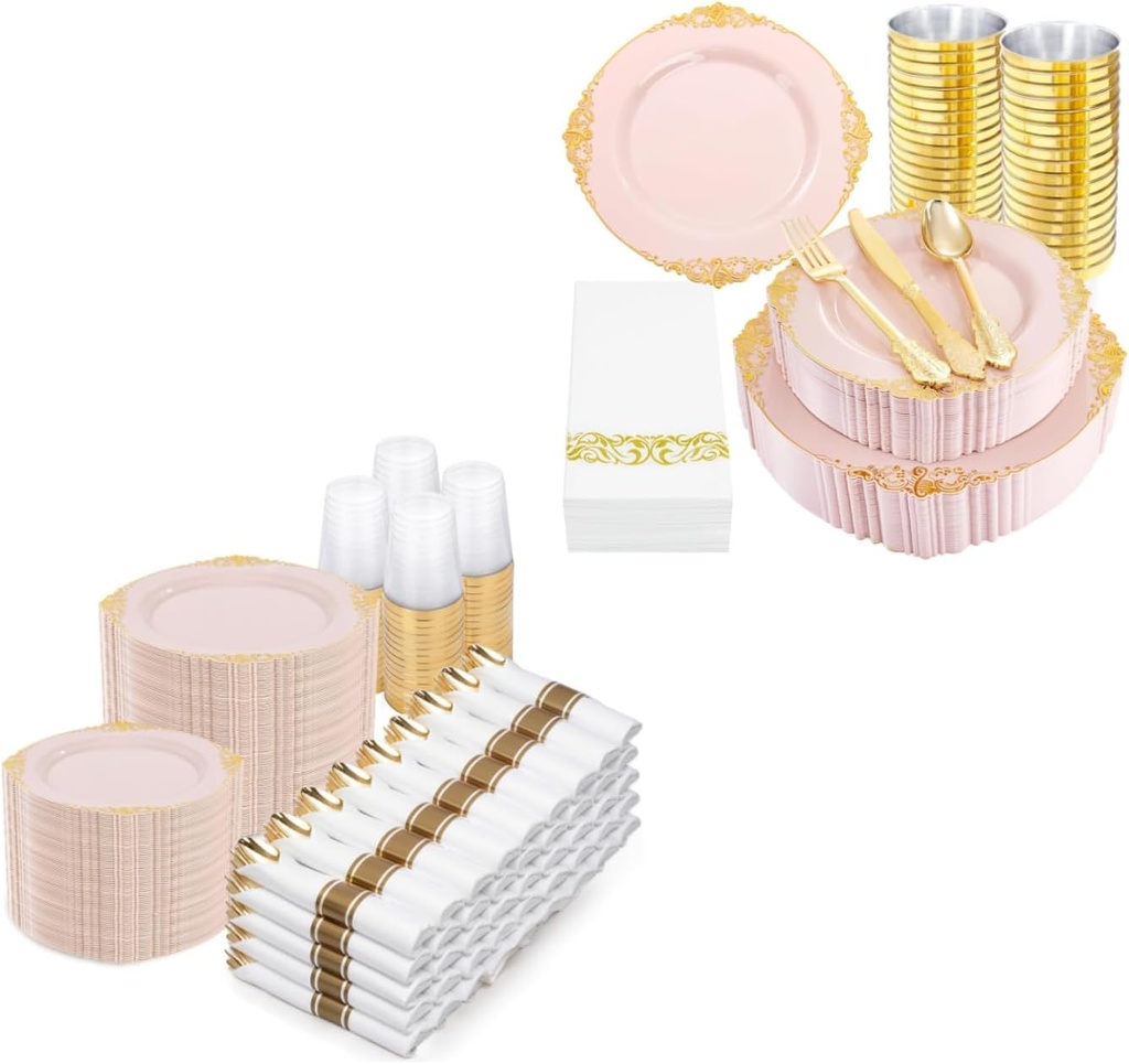 Nervure 1050PCS Pink Gold Plastic Plates - Pink Plastic Dinnerware Sets for 150 Guests - 300 Disposable Plates, 450 Silverware, 150 Cups, 150 Napkins for Wedding, Birthday & Party
