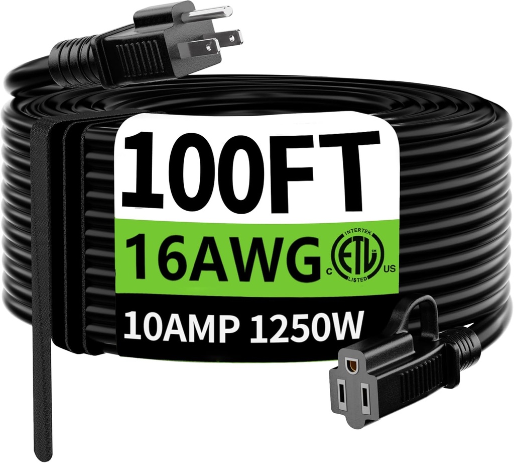 HUANCHAIN Indoor Outdoor Black Extension Cord 100 ft Waterproof, 16/3 Gauge Flexible Cold-Resistant Appliance Extension Cord Outside, 10A 1250W 16AWG SJTW, 3 Prong Heavy Duty Electric Cable, ETL