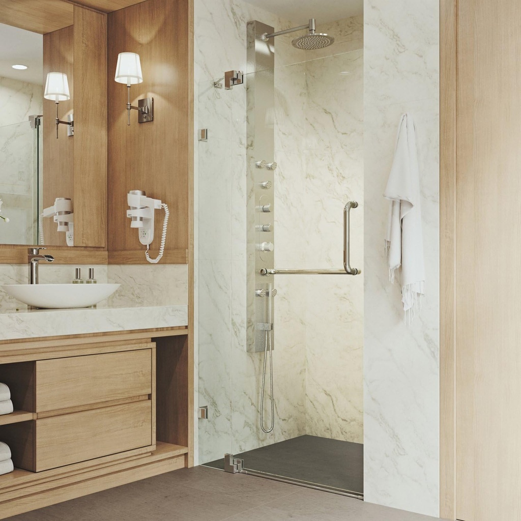 VIGO Pirouette 36 to 42 in. W x 72 in. H Pivot Frameless Shower Door in Brushed Nickel with 3/8 in. Clear Glass-VG6042BNCL42