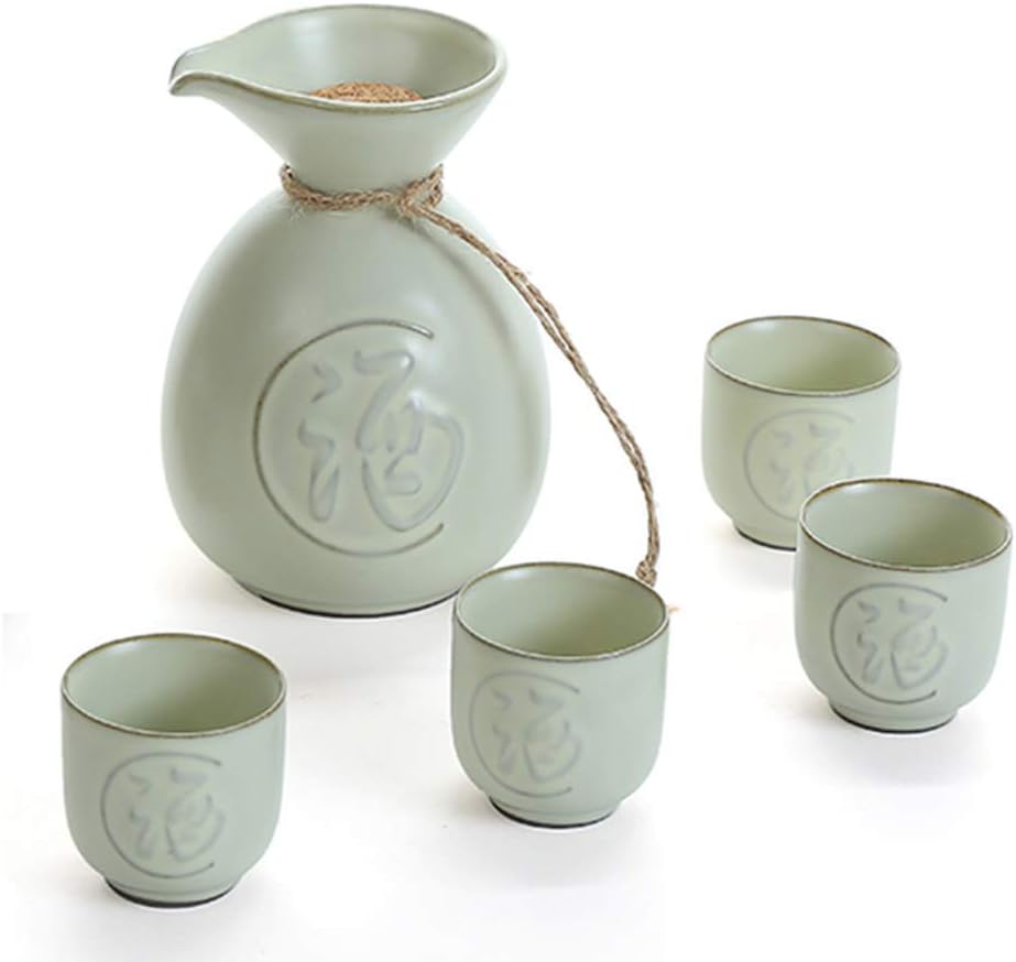 5 Pieces Sake Set, Black Glaze Ceramics Wine Glasses with Cork Stopper, Traditional Crafts Cups, for Cold/Warm/Hot Sake/Shochu/Tea, Best Gift-Tea Service