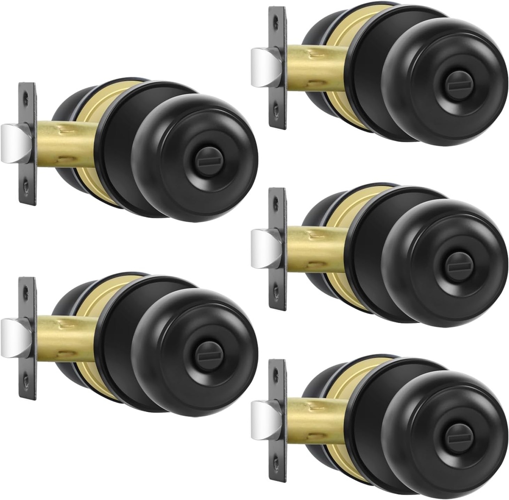 Privacy Door Knobs, 5 Pack Matte Black Door Knobs with Lock, Bed and Bath Door Knob Interior Keyless Locksets, Round Door Handles Reversible for Left Right Handed Doors