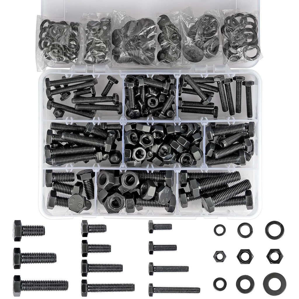 340 Pcs Grade 8.8 Alloy Steel Hex Head Screws Includes Flat & Lock Washers M6/M8/M10 Nuts and Bolts Assortment Kit for Door Handle, Locks and Other Home Repairs (K13 Short Sets-Black)