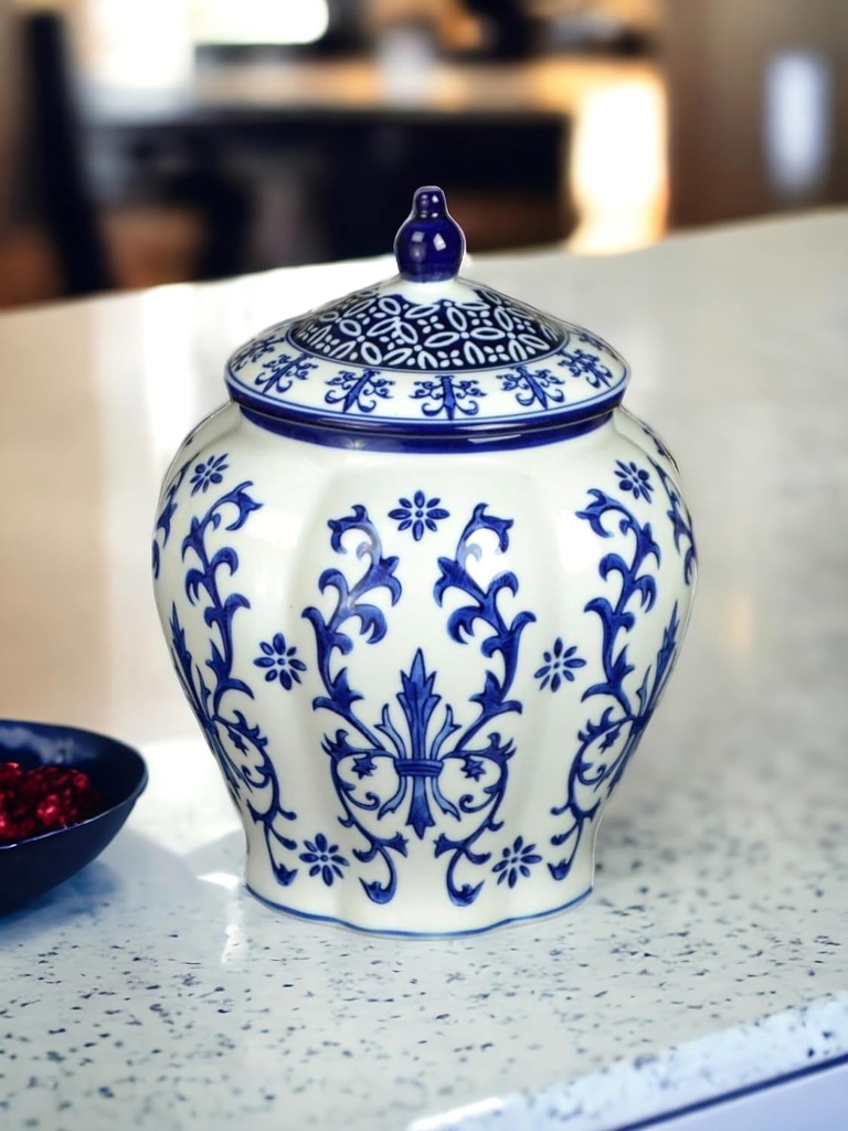 Blue and White Ceramic Porcelain Pumpkin Shape Ginger Jar Decor Chinoiserie Vase, Food Tea Canister Container Storage Ginger Jar for Home Decor, Gift for Thanksgiving Decoration(9)