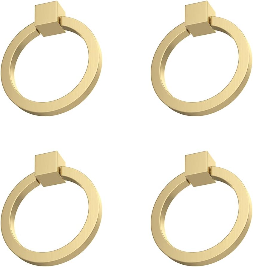 RZDEAL 4Pcs 2.0" x 1-7/8" Solid Brass Pulls for Dresser Drawer Ring Pulls Furniture Hardware Brushed Gold Wardrobe Door Handles
