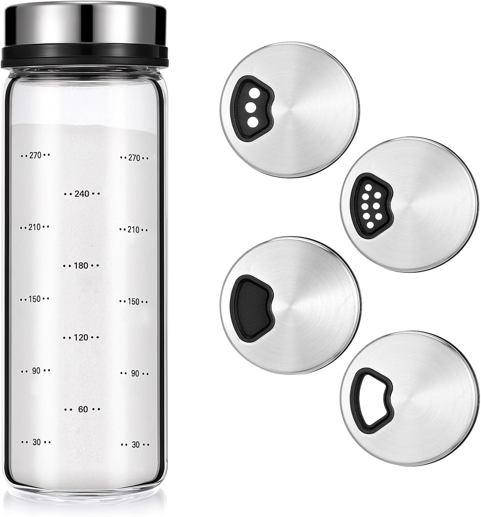 Salt Pepper Shakers with Adjustable Pour Holes, Clear Glass Seasoning Shakers, Moisture Resistant Seasoning Shaker, Spice Dispenser (300ml)