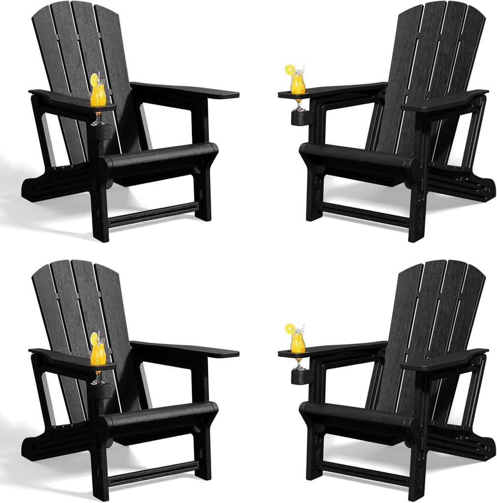 Adirondack Chairs Set of 4,Adirondack Chair with Cup Holders,Wooden Textured Plastic Fire Pit Chair,All-Weather Outdoor Patio Chairs for Lawn,Backyard Deck, Porch,400LBS Heavy-Duty,Black