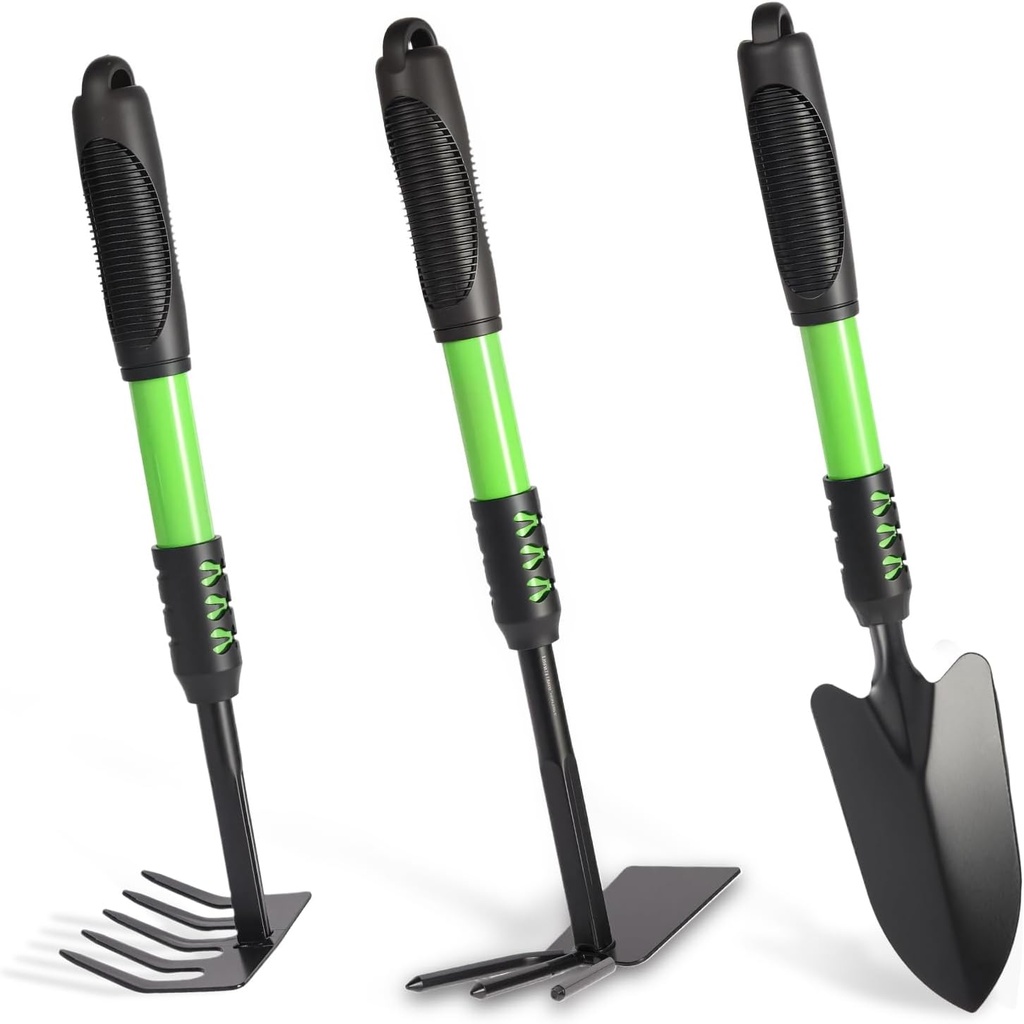 Garden Tool Set, 3 Pack Gardening Tools, Stainless Steel Heavy Duty Hand Cultivator, Hoes, Shovel, for Planting Weeding Digging, Green