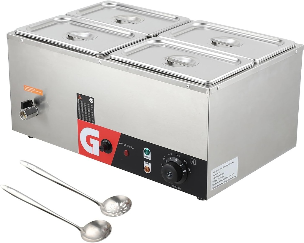 4 Pans Commercial Food Warmer - 4 x 4.7QT, 1200W Electric Steam Table, Professional Countertop Stainless Steel Buffet Bain Marie, 86-185°F Temp Control, Ideal for Catering and Restaurants