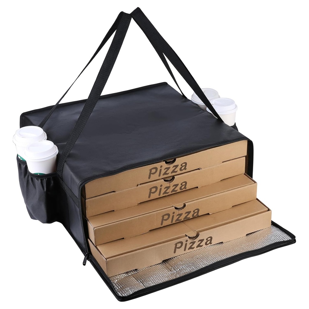 Bodaon Insulated Delivery Bag with 4 Cup Holders, 20x20x8 Pizza Warmer for Hot Food Delivery, Grocery Bag (Black, 1-Pack)