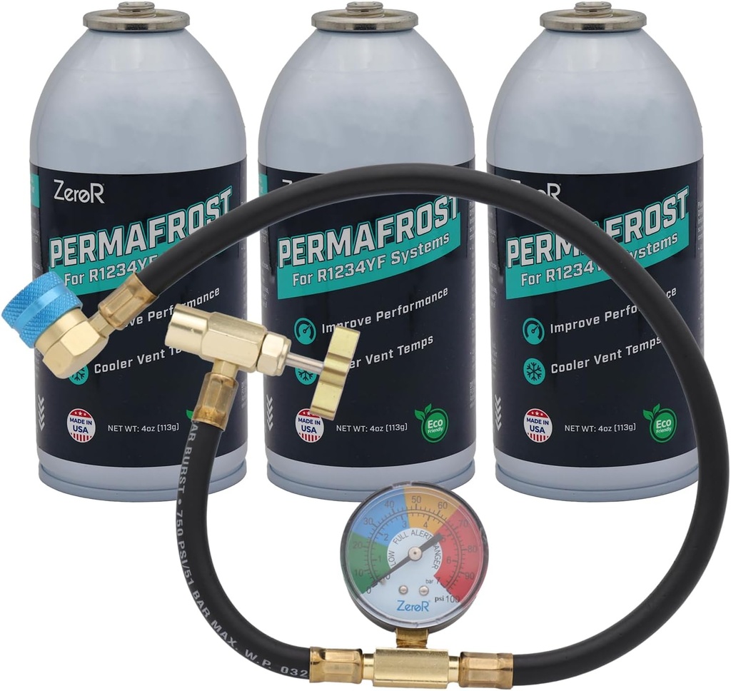 ZeroR Performance Boost Kit for R1234YF Refrigerant AC Systems | 24" Charging Hose with Gauge | 3 Permafrost Cans (3)