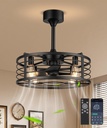 20" Caged Ceiling Fans with Lights and Remote, Fandelier Farmhouse Industrial Fan Lights Ceiling Fixtures Small Ceiling Fan with 6 Speeds and Timing for Kitchen, Bedroom, Outdoor-Black