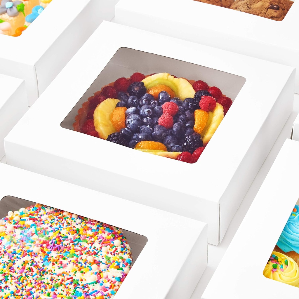 Sturdy Grease-Resistant Showcase 10in Bakery Box 25Pk. Pro-Grade 10x10x2.5 Cute White Pastry Boxes with Window. Perfect for Dessert, Cake, Cookies, Pie, Donuts. Great Gift Idea for Homemade Treats.
