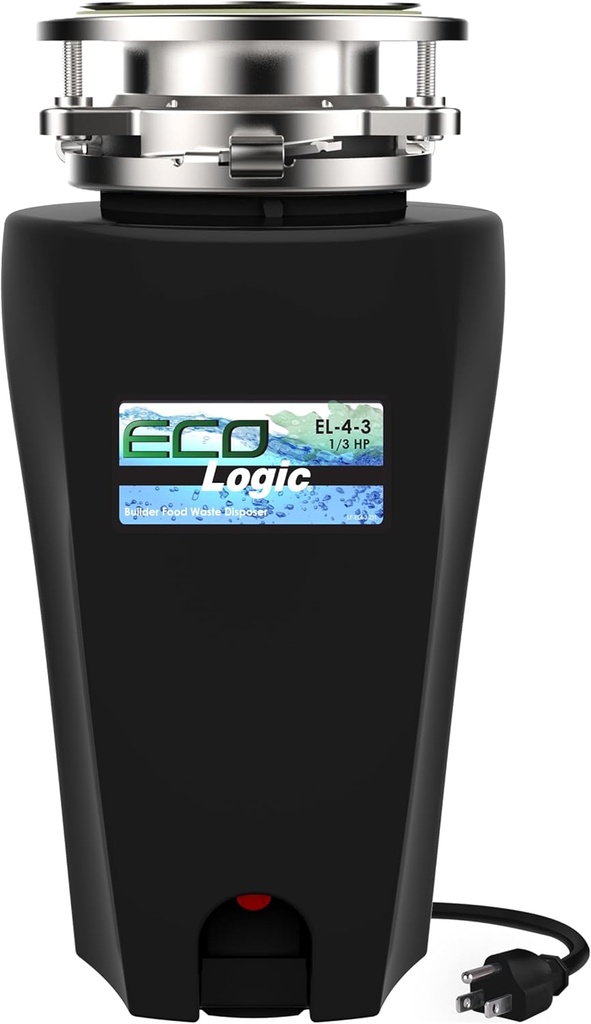 Eco Logic 10-US-EL-4-3B 1/3 Horsepower Garbage Disposal with Removeable Splash Guard, Attached Power Cord and Standard 3-Bolt Mounting System, Continuous Feed, Black