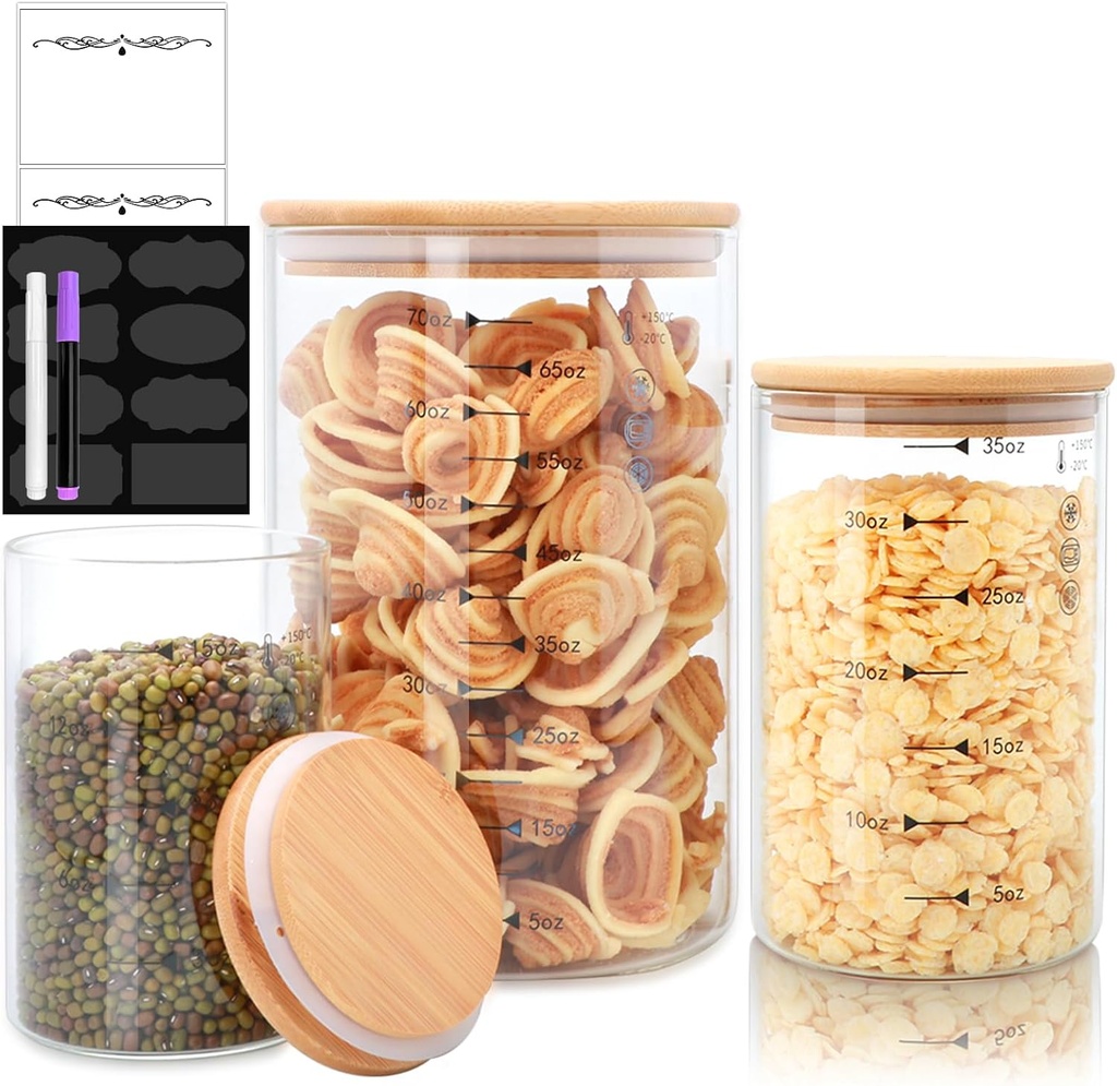 Glass Storage Containers with Lids,Glass Jars with Bamboo Lids, Canisters Set for Pasta, Nuts, Coffee Beans, Kitchen Pantry Organization Jar,Muti Size Set of 3,with Lables and Pen