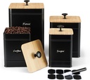 PERFNIQUE Kitchen Canisters, Airtight Canister Sets for Kitchen Counter, Kitchen Canisters for Countertop Set of 4, Coffee Tea Sugar Flour Spice Tin Jars Food Storage Container with Lid(Black)