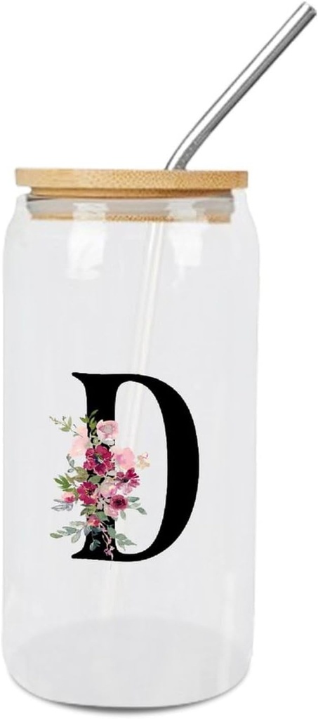 Glass Cups with Bamboo Lids And Straw 16 Oz, Rose Floral Monogram Alphabet Letter Initial D Iced Tea Glasses Drinking Glasses Set Tumbler Glass Can Coffee Cups, Drinking Glassware