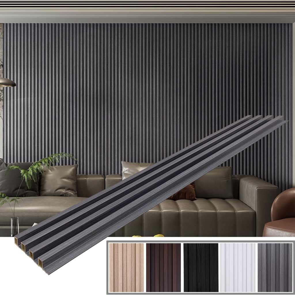 6-Pack Slat Wall Panel with 2 Trims Wood Grain Slat Wall 96" x 6.2" WPC Slats 3D Wall Panels Grey Grille