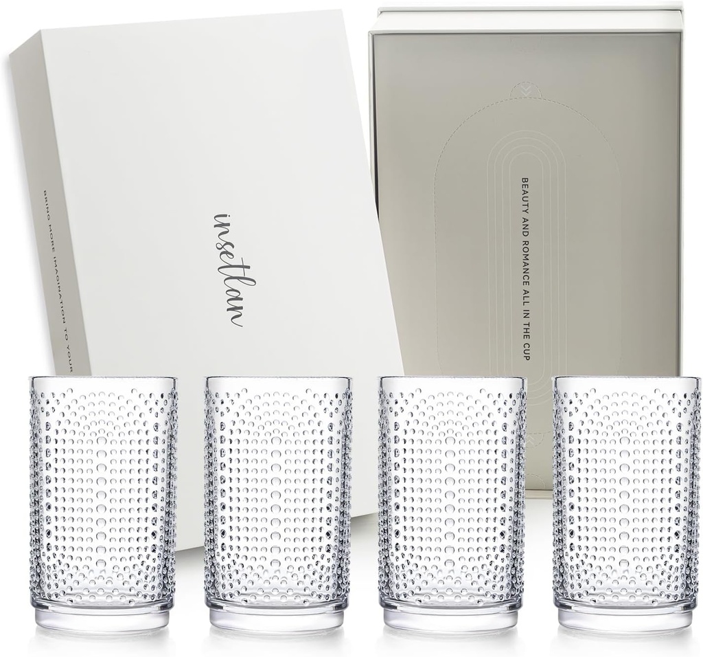 INSETLAN Premium Vintage Hobnail Glassware Set of 4 (14 oz) Glass Cups with Straws & Coasters – Gift Box for Housewarming, Weddings, Birthdays, Special Occasions – Ideal for Cocktails, Juice, Water