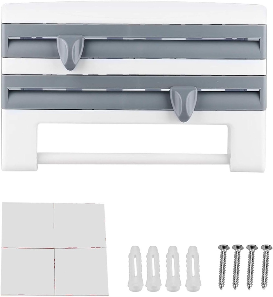 Plastic Wrap Dispenser with Cutter for Aluminum Foil Cling Film Kitchen Paper Towel Holder Wall Mount Wrap Organizer with Cutter Plastic Wrap and Aluminum Foil Dispenser(Gray Blue)