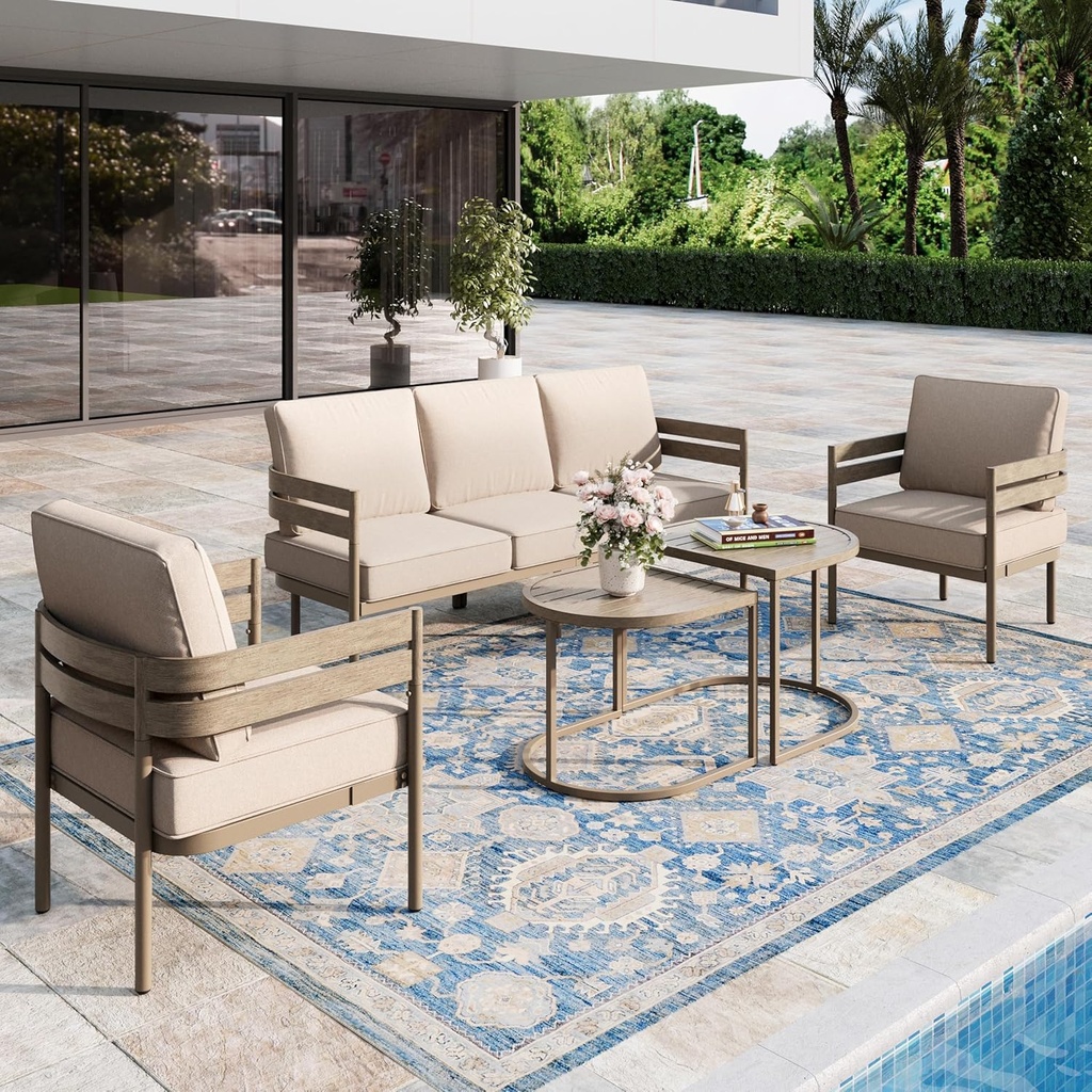 5-Piece Outdoor Patio Conversation Furniture Set, Sectional Outdoor Furniture with Washable Thick Cushions, Steel Modern Conversation Set with Nesting Coffee Table for Porch, Balcony - Beige
