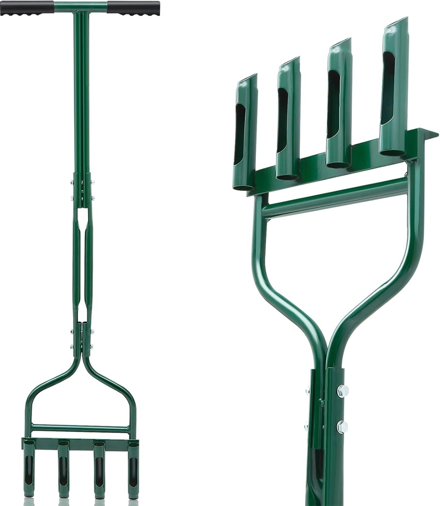 Lasnten Lawn Aerator Tool 42 Inch Manual Core Plug Aerator with 4 Slope Top Half Open Slot Hollow Tines Heavy Duty Plug Core Aerator for Soils Yard Garden, Green