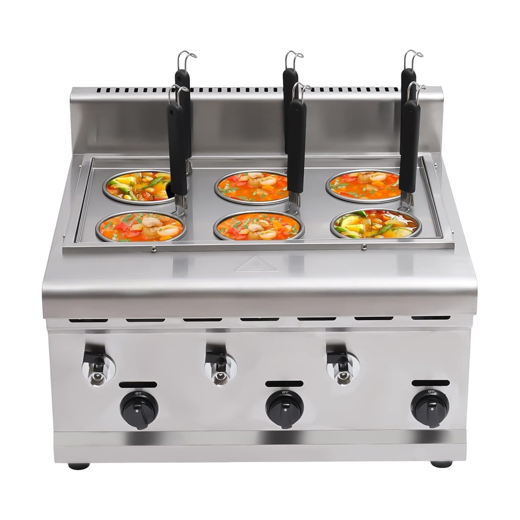 Commercial 6-Hole Gas Noodle Cooker, Stainless Steel Pasta Maker Quick-Serve Dumpling Maker Hot Pot Boiler Macaroni Steamer for Restaurant Food Stall Buffet Kitchen