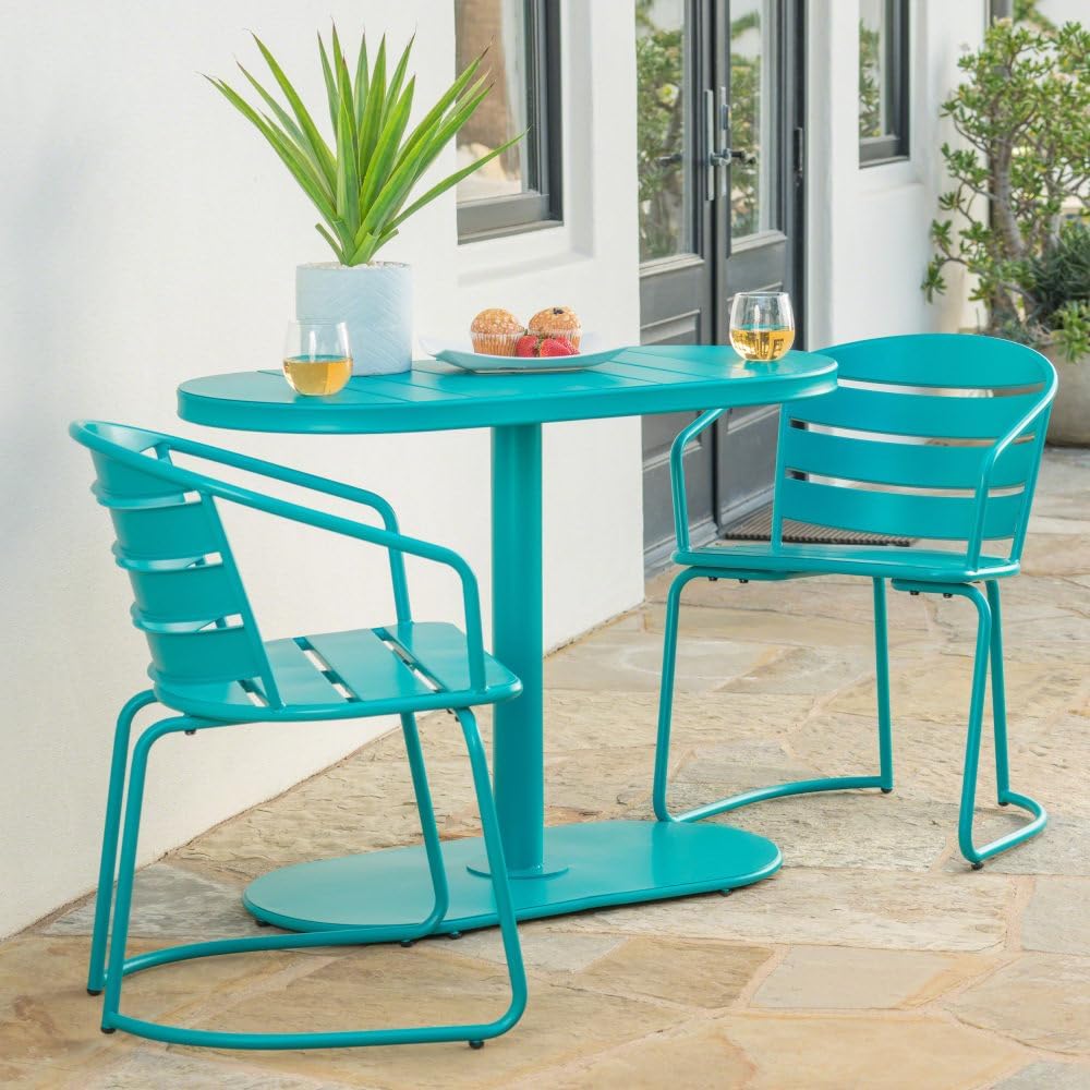Bistro Set Outdoor, 3 Piece Bistro Table and Chairs Set of 2, Retro Patio Furniture for Porch Garden Balcony, All-Weather Metal Patio Bistro Set, Matte Finish Oval Table, 2025 Upgrade (Teal)