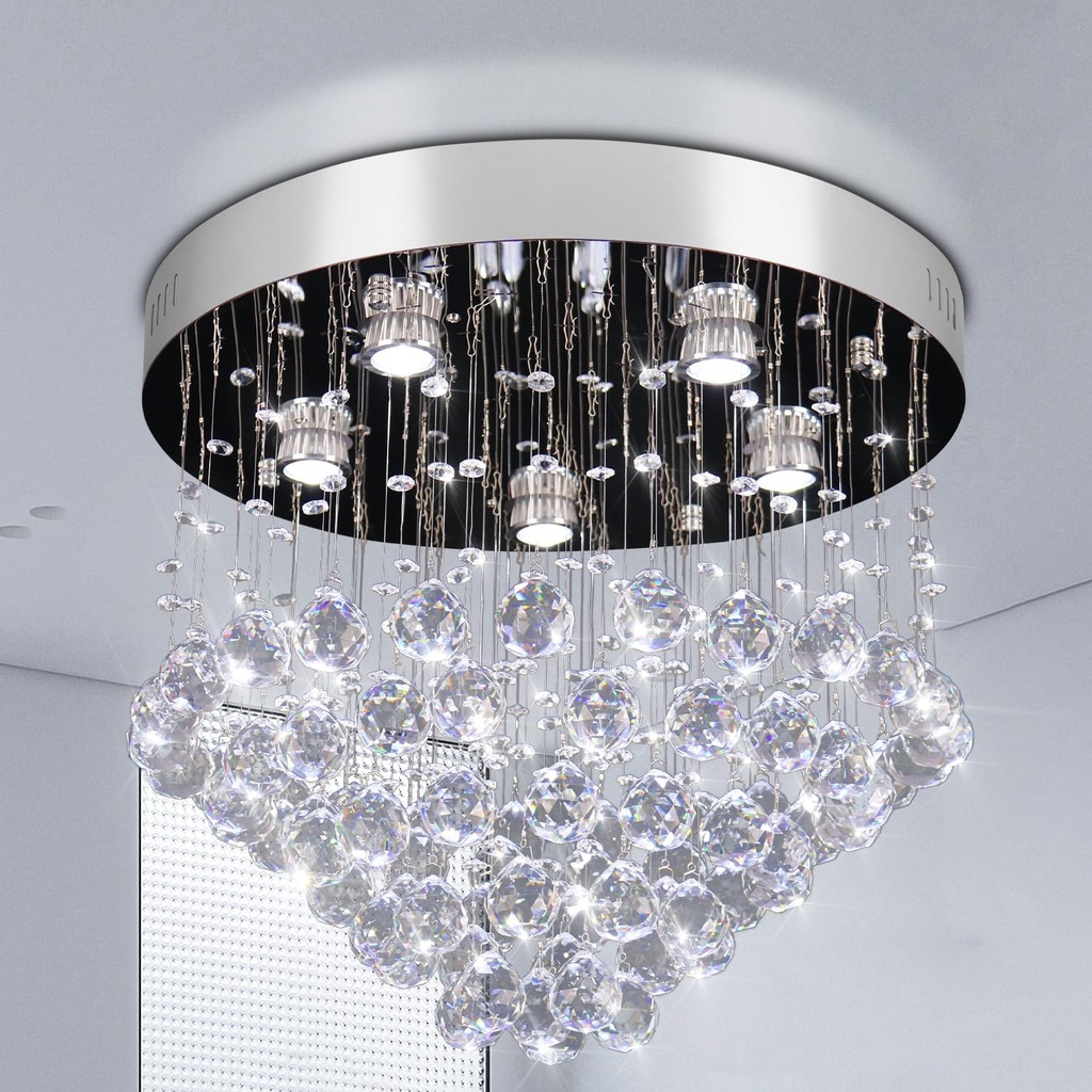 Finktonglan Modern Crystal Chandeliers 19.6 inch Round Ceiling Light Fixtures Stainless Steel Flush Mount Chandelier Ceiling Lights for Bedroom Foyer Hallway Dining Room GU 10 Bulb