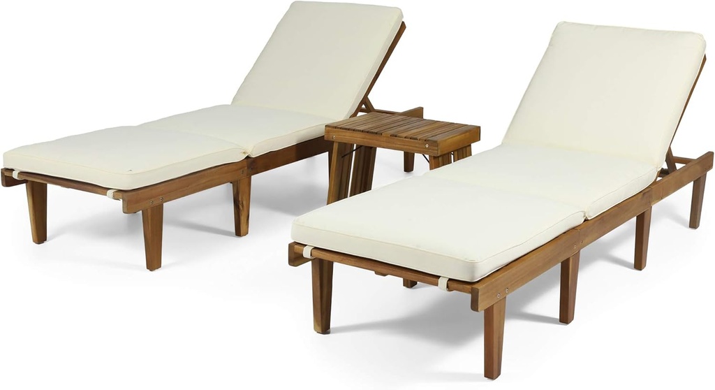 Christopher Knight Home Carlos Outdoor Acacia Wood 3 Piece Chaise Lounge Set, Teak Finish, Cream