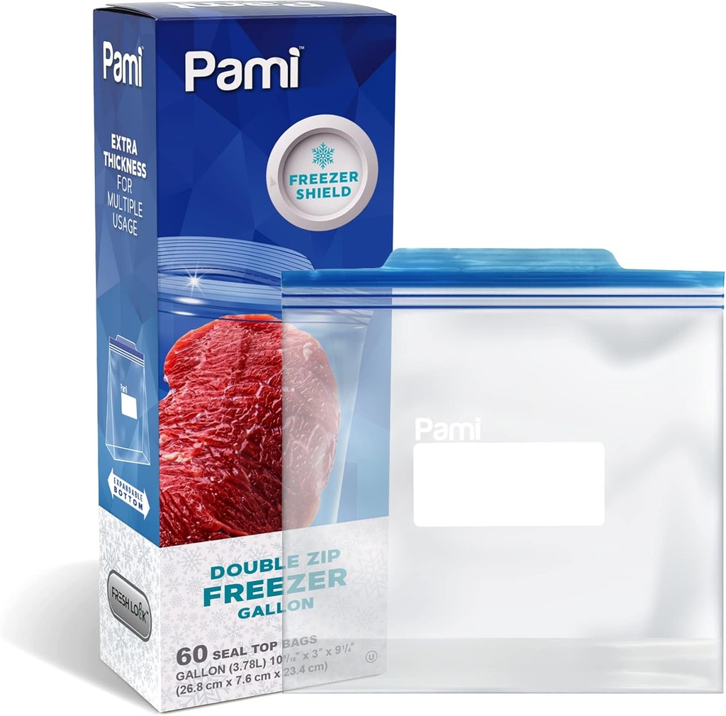 PAMI 60 Ct Reusable Leakproof Gallon Slider Freezer Bags with Expandable Bottom, Double Zipper Closure, Write on Label