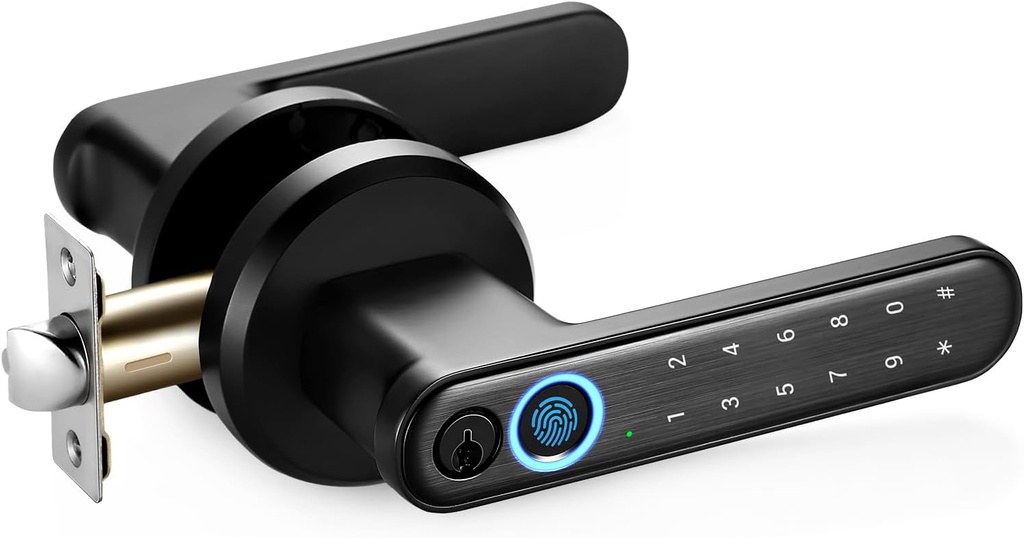 Fingerprint Door Lock, Matte Black Dock Knob with Keypads, Passcode, 0.2s Biometric Fingerprint, and Keys, Keyless Entry Door Lock with Handle for Home Hotel, Office, Apartment, Bedroom (NO APP)