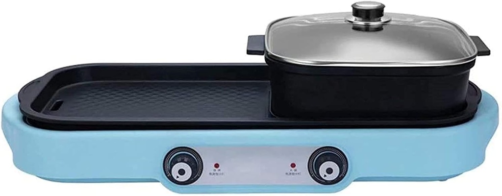 Indoor Korean Barbecue Grill BBQ Hotpot Electric Hot Pot Grill Indoor 1600W 2 in 1 Smokeless Grill and Hot Pot Korean BBQ Grill and Indoor Barbecue Grill,Blue,65 * 15Cm,Portable Nonstick Griddle