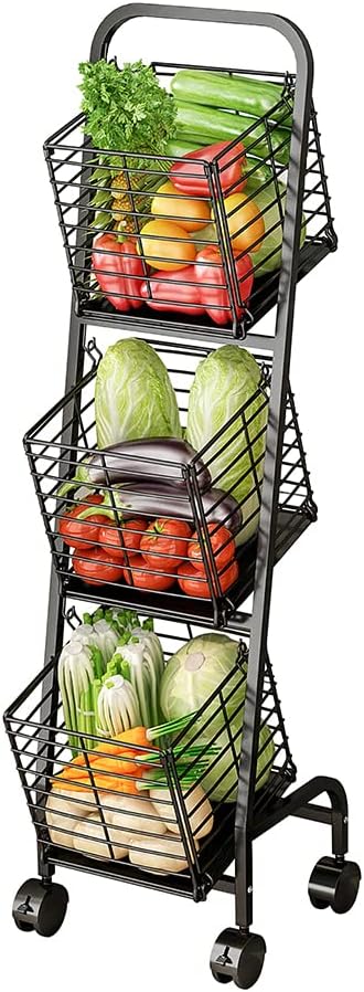 3-Tier Fruit Basket Stand for Kitchen, Wire Market Basket Food Storage Stand with Wheels, Vegetable Produce Pantry Basket Organizer