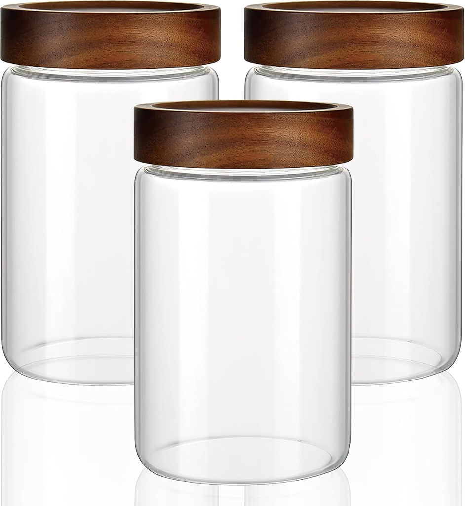 3 Pack 28 oz/850 ml Clear Glass Storage Canister with Airtight Wooden Screw On Lid, Medium Decorative Glass Container Jar Set for Coffee, Candy, Cookie, Condiment, Pepper, Sugar, Oatmeal