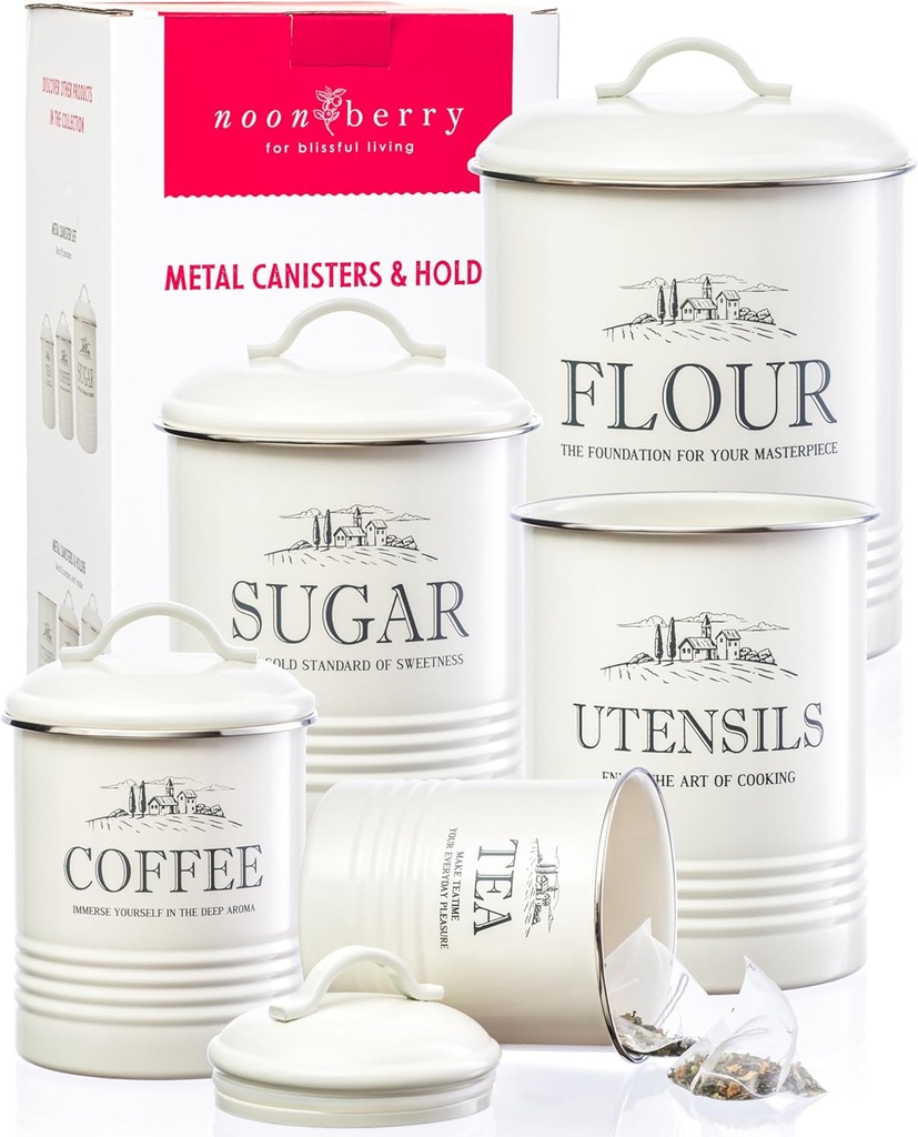 Kitchen Canisters for Countertop – Set of 5 White Canister Sets for the Kitchen Counter - Sugar and Flour Airtight Containers - Rustic Farmhouse Storage
