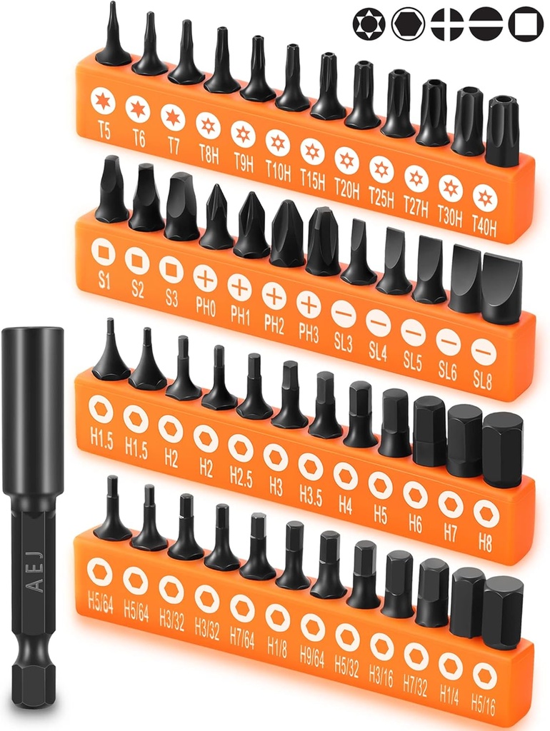 AEJ 49-Pack Screwdriver Bit Set, Hex Head Drill Bit Set, Torx Square Slotted Phillips Bit Set with 1/4" Bit Holder, 1/4 Hex Shank, S2 Steel, 1"Long