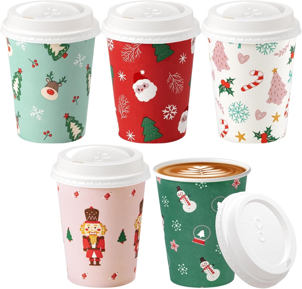 Fit Meal Prep 100 Pack 12 oz Christmas Disposable Coffee Cups with Lids and Stirrers, Premium To Go Cups, Leak-Proof Paper Cups for Hot Beverage, Party, Holiday