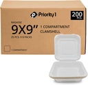 Priority1 Paper 9 x 9 Inch - 1 Compartment, 200 Pack Disposable Clamshell Take Out Food Containers, Hinged Lid, Eco Friendly Boxes for Restaurant and Events