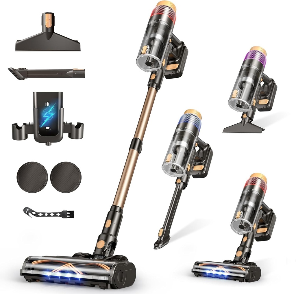 Cordless Vacuum Cleaner, 600W 50KPA 70 Mins Vacuum Cleaners for Home, Self-Standing Stick Vacuum with Wall Mount Charge, Touch Screen, Ultra High-Power Brush for Pet Hair/Plush Carpet/All Floor