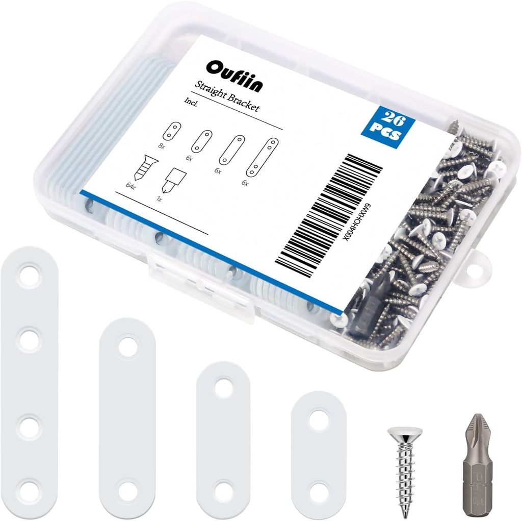26 PCS White Stainless Steel Straight Bracket Flat Brace, 1.4 in / 1.8 in / 2.2 in / 3.0 in Wood Brackets Mending Repair Plate Brace for Bed Frame, Furniture & Shelves, with 64 White Screws and 1 Bit