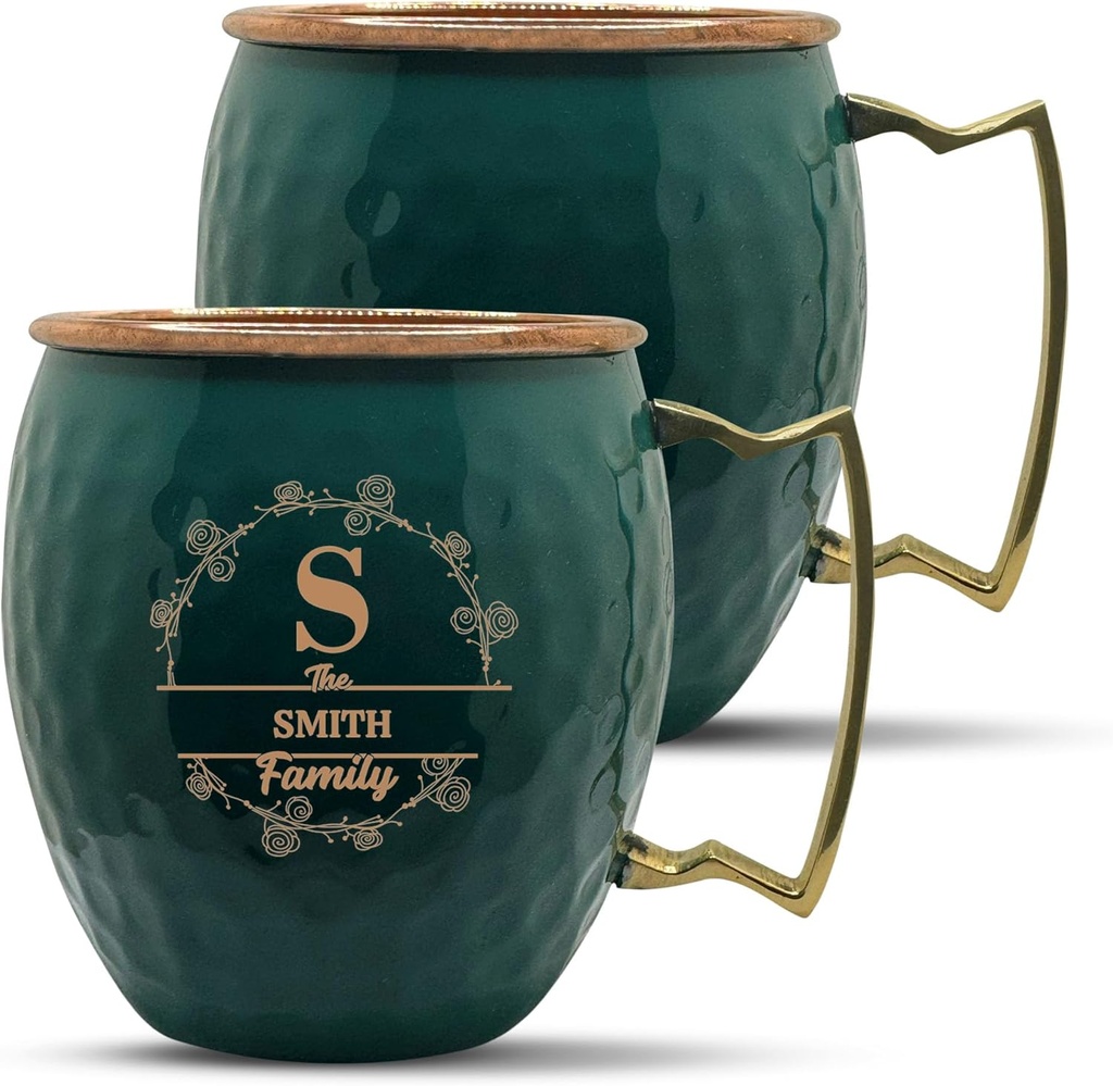 Custom Copper Moscow Mule with Hammered Painted Finish - Engraved Bar Style 100% Copper Cup with Personalized Floral Family Initial Monogram Themed Engraving, Brass Handle | 18 oz, Green | Set of 2