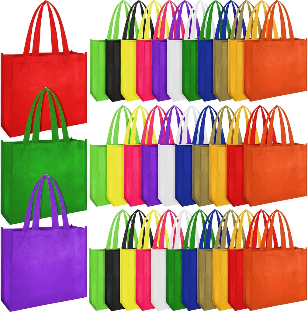 Boao 24 Pack Non Woven Tote Bags Reusable Gift 12 Colors Multi Color Grocery Goodie Bags 13 x 11 Inch Party Treat Bag with Handles for Parties, Shopping, Birthday