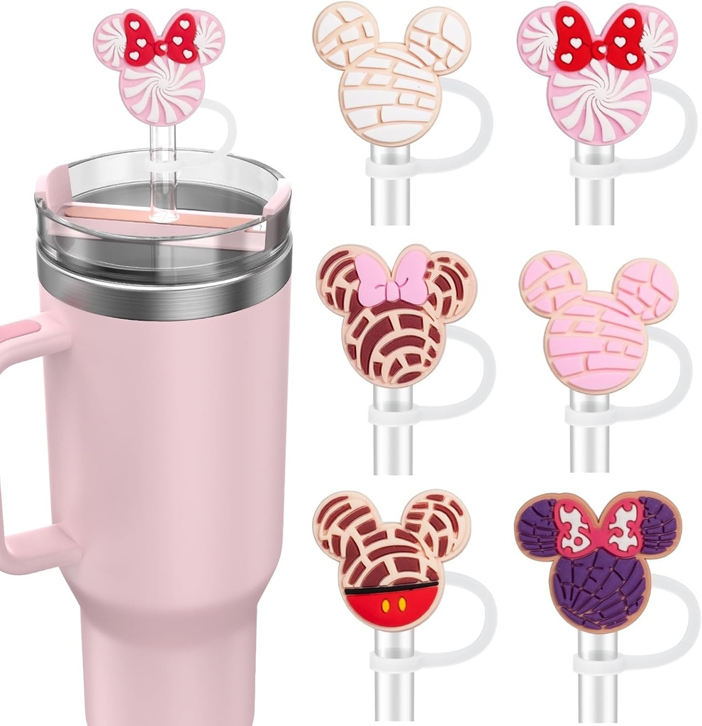 6PCS Straw Covers for Stanley Cup Tumbler 30 oz / 40 oz Leak Proof Straw Toppers 10mm Silicone Cute Straw Stopper Caps for Stanley Cup Accessories-Pink Mice