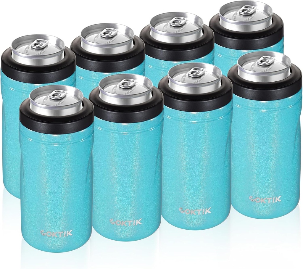 COKTIK 4 in 1 Insulated Can Cooler, 8 Pack Double Wall Slim Can Cooler Set for 12 oz Regular or Slim Cans & Beer Bottle (Blue Shimmer)