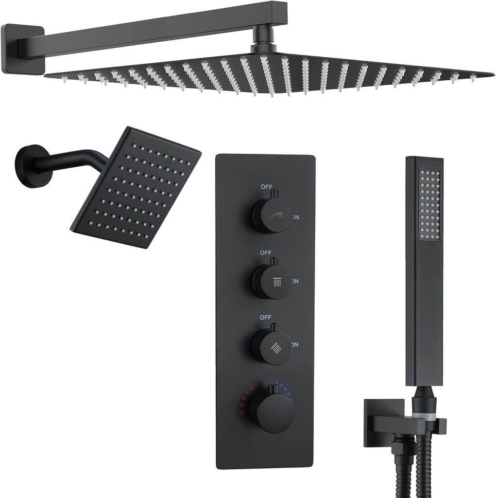 16" Thermostatic Dual Rainfall Head Shower System with Handheld & Valve, 16-Inch Shower Faucet Set with 6-Inch Shower Head, JetsBath Matte Black Wall Mount Full Body Shower System for Couples/2-Person