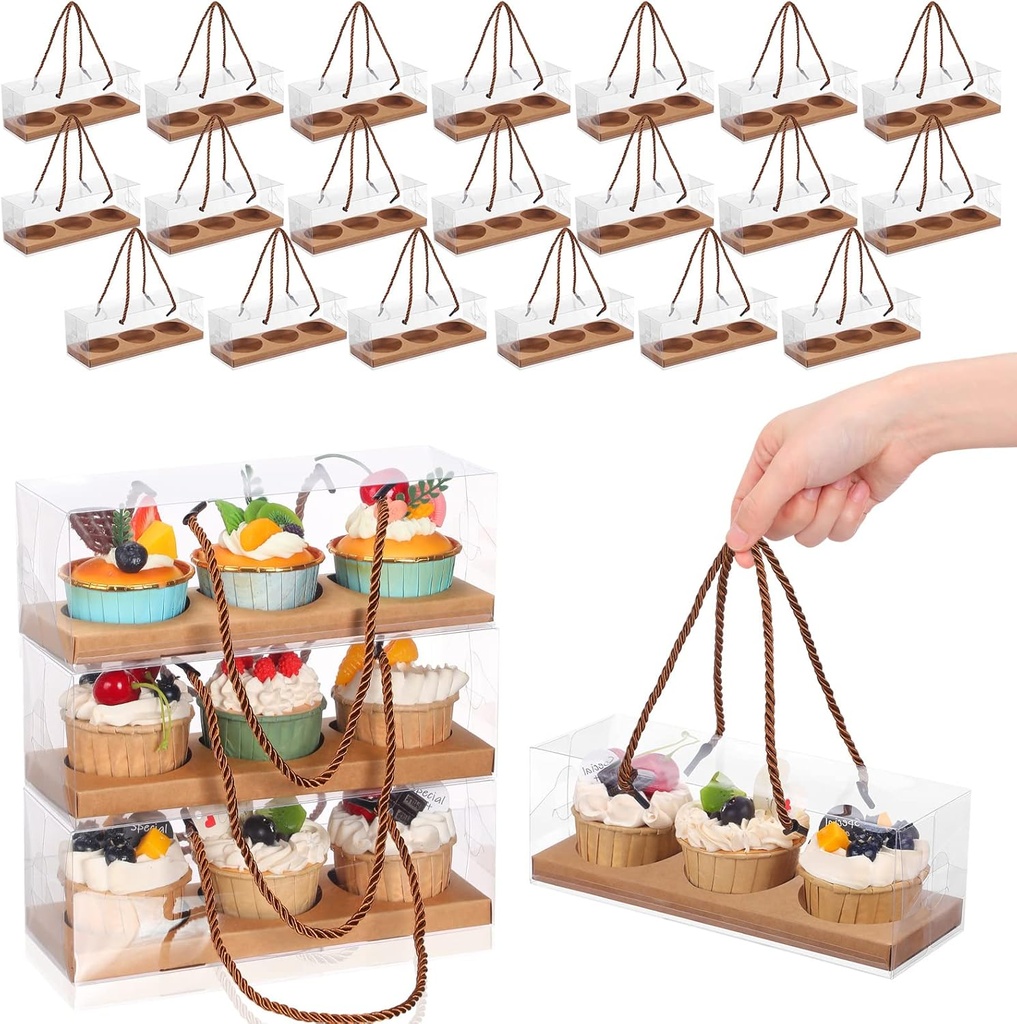 Thenshop 20 Pcs 9 x 3 x 3 Inch Christmas Clear Cupcake Boxes Portable Pastry Packaging with Handle Inserts and 3 Compartments Muffin Storage for Bakery Take out Containers Food Storage(Brown)