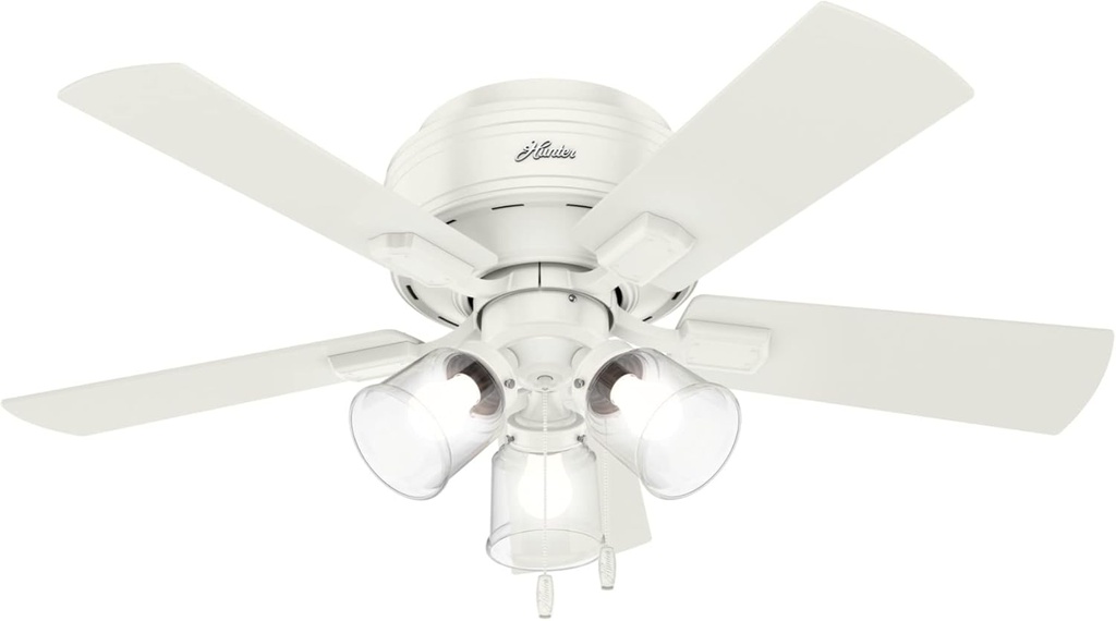 Hunter Fan Company 52152, 42 inch Crestfield Fresh White Low Profile Flush Mount Ceiling Fan with Lights LED and Pull Chain