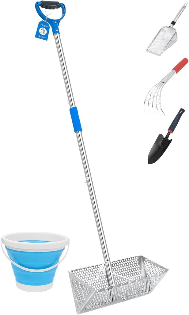 Beach Sand Sifter, 304 Stainless Steel, Detachable 60 Inches Long Handle, 16'' Basket with Sharp Teeth. Includes D-Handle Grip, Small Shovels, Sifter and Bucket