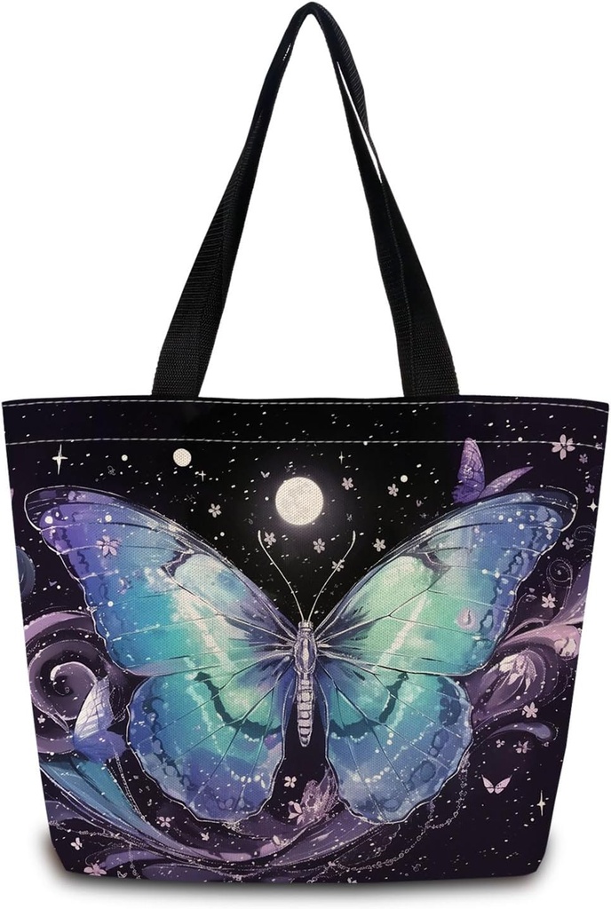 Neon Butterfly Tote Bag Reusable Grocery Bags Cute Aesthetic Shopping Shoulder Handbag with Interior Zipper Pocket Lightweight & Washable Stylish Neon Butterfly Present for Women